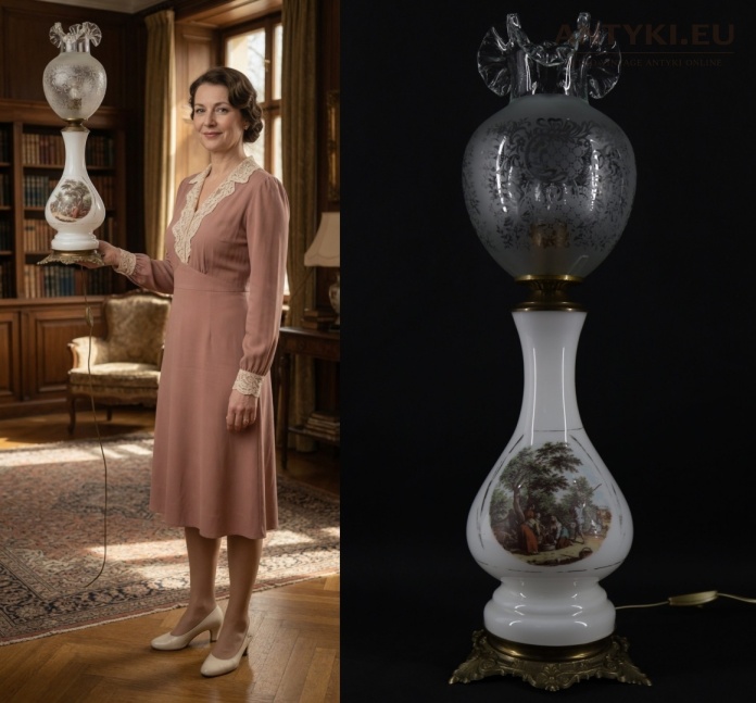 Antyczna szklana lampa stołowa z kloszem i scenką rodzajową